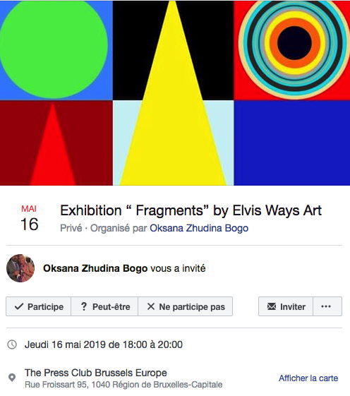 Bannière Facebook. Etterbeek. Exhibition « Fragments » by Elvis Ways Art. 2019-05-16